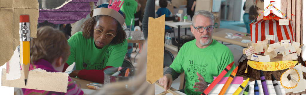 “Collage-style banner showing people helping children with arts and crafts at a community library activity, surrounded by scrapbook elements like pencils, crayons, torn paper, and a small image of the ‘Stump of Regrets’ interactive display.