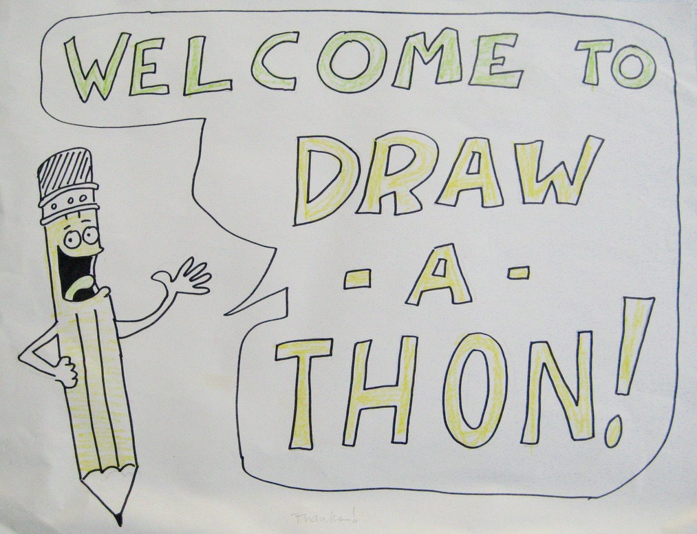 drawing of a talking pencil saying "Welcome to Drawa-a-thon!