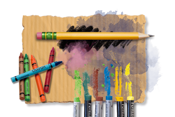 a collage of drawing supplies